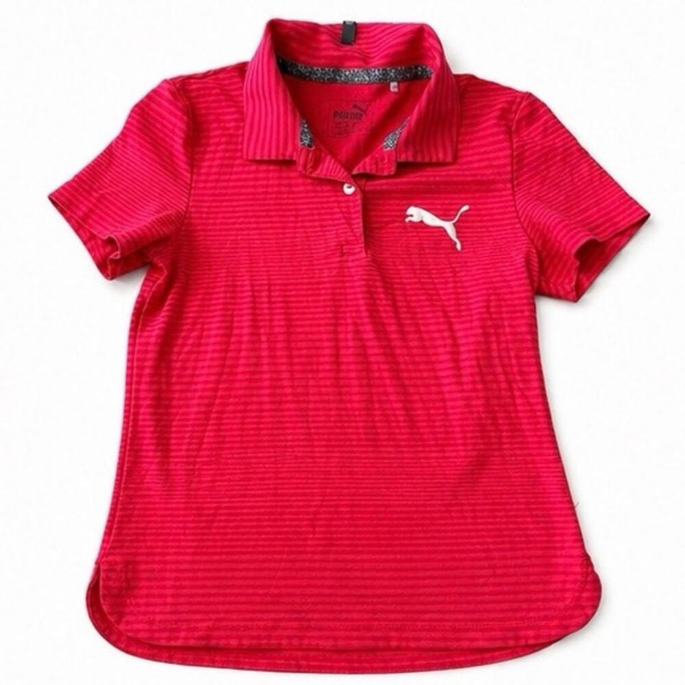 PUMA Girl's Pink & Blue Stripe Golf Polo Shirt - Kids Medium